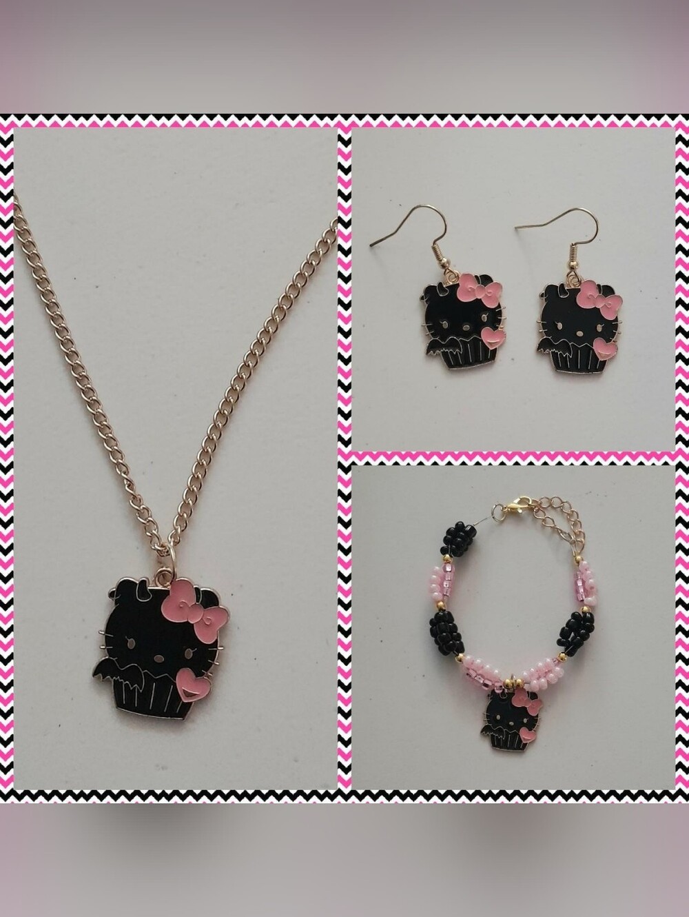Black & Pink Enamel Kitty, Necklace, Earrings & Bracelet Set